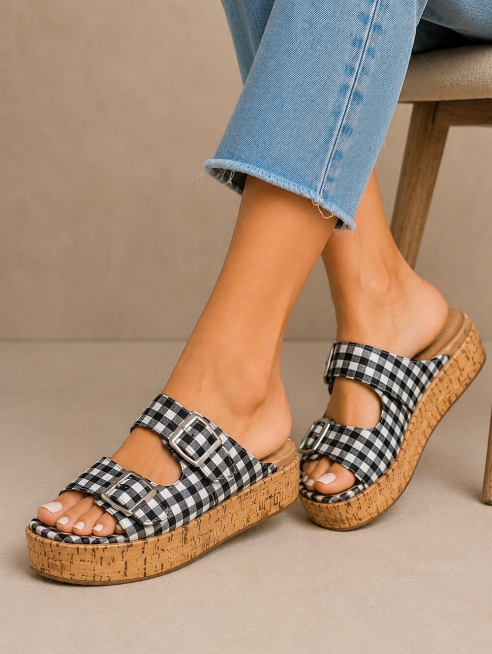 JANE AND THE SHOE | Women's Jordan Black Gingham Platform Sandals Size 8